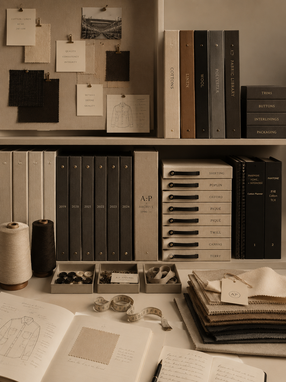 A.P Apparel atelier — fabric library, archive binders, swatches and sketchbook